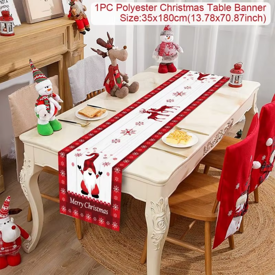 Christmas Table Runner – Red Poinsettia & Reindeer Holiday Designs (35×180 cm)