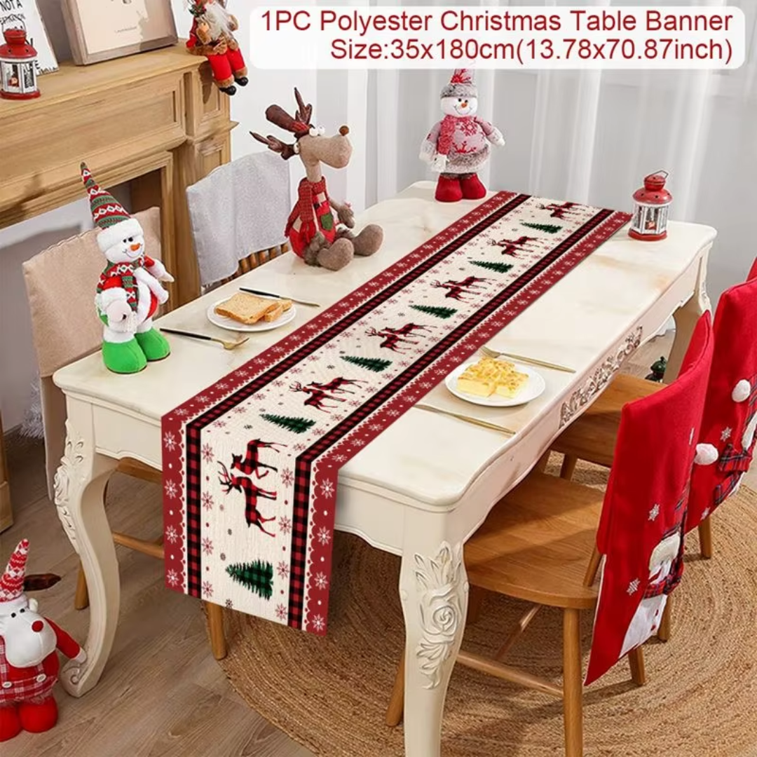 Christmas Table Runner – Red Poinsettia & Reindeer Holiday Designs (35×180 cm)