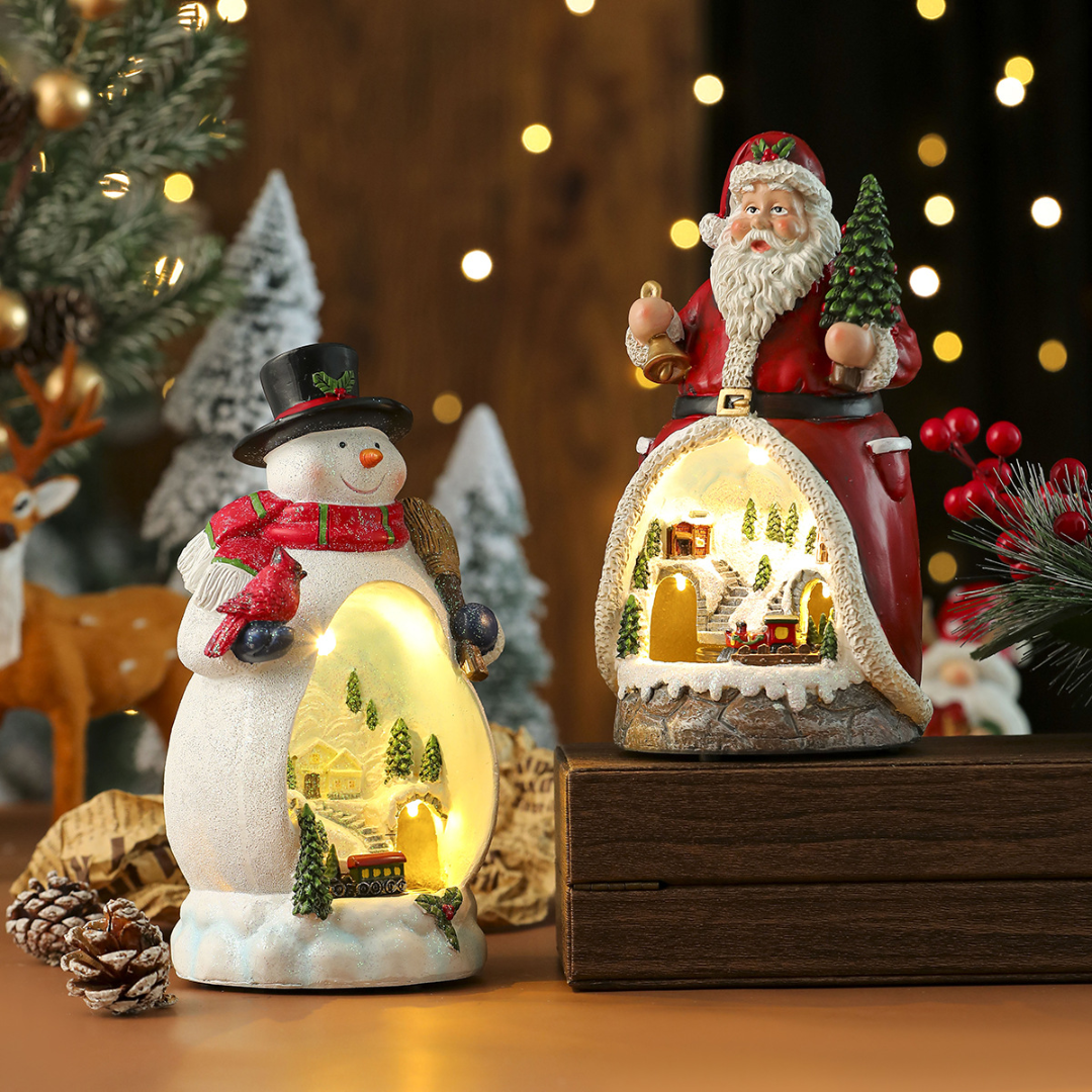 Christmas Cabin Music Box — LED Santa & Snowman Figurines (Rotating Train)