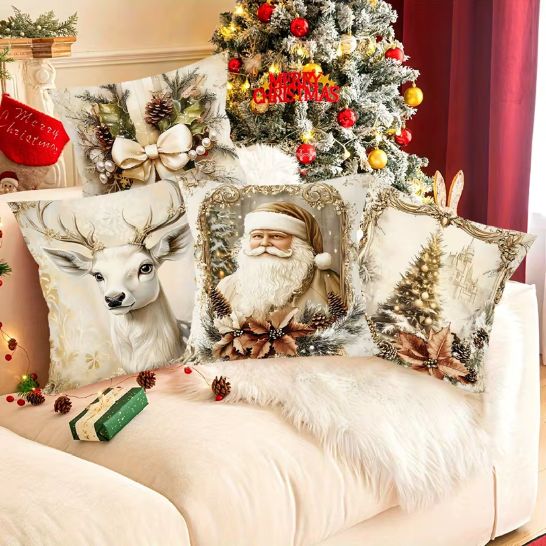 Vintage Christmas Cushion Covers Set (4 Pieces) – Golden Holiday Pillow Collection