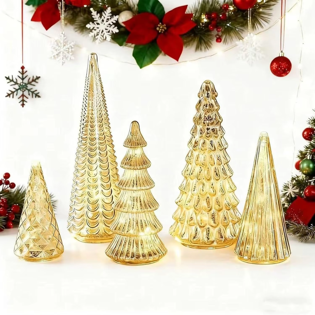 Set of 5 LED Mercury Glass Christmas Trees – Golden & Silver Holiday Deco