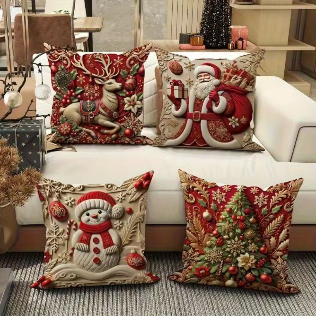Deluxe Christmas Pillow Cover Set — 4 Designs (Santa, Reindeer, Tree & Snowman, 45×45cm)
