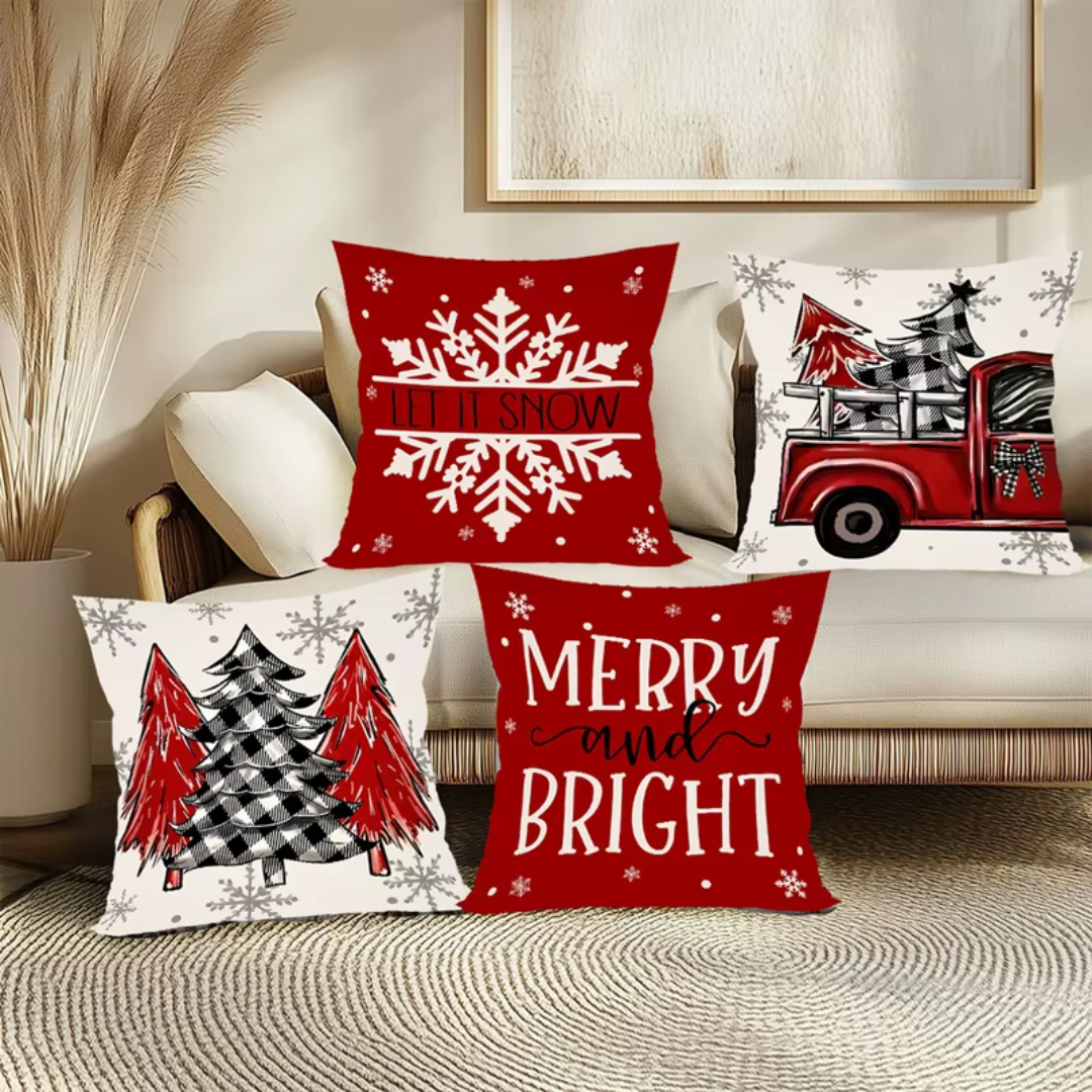 Christmas Cushion Covers Set (4 Pieces) – Red Truck & Snowflake Collection