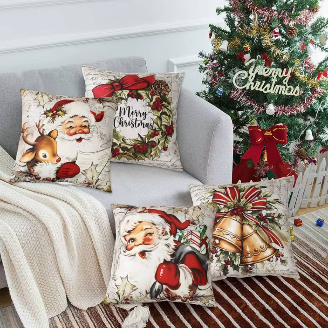 Christmas Cushion Covers Set (4 Pieces) – Santa, Reindeer, Bells & Wreath Collection