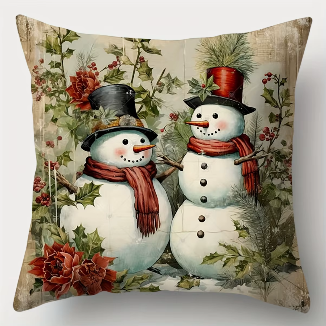 Vintage Christmas Cushion Covers Set (4 Pieces) – Santa, Bells, Cabin & Snowman Collection