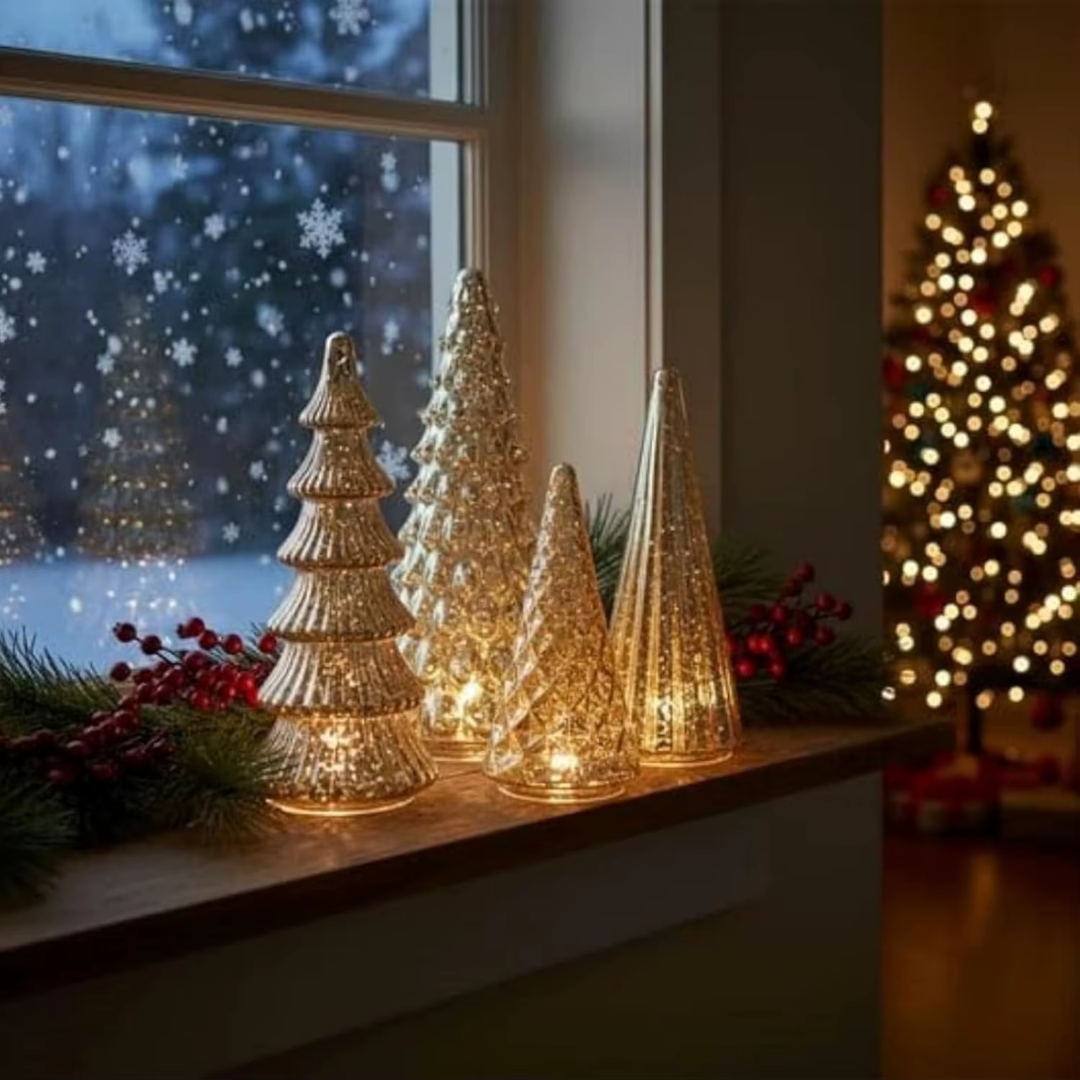 Set of 5 LED Mercury Glass Christmas Trees – Golden & Silver Holiday Deco