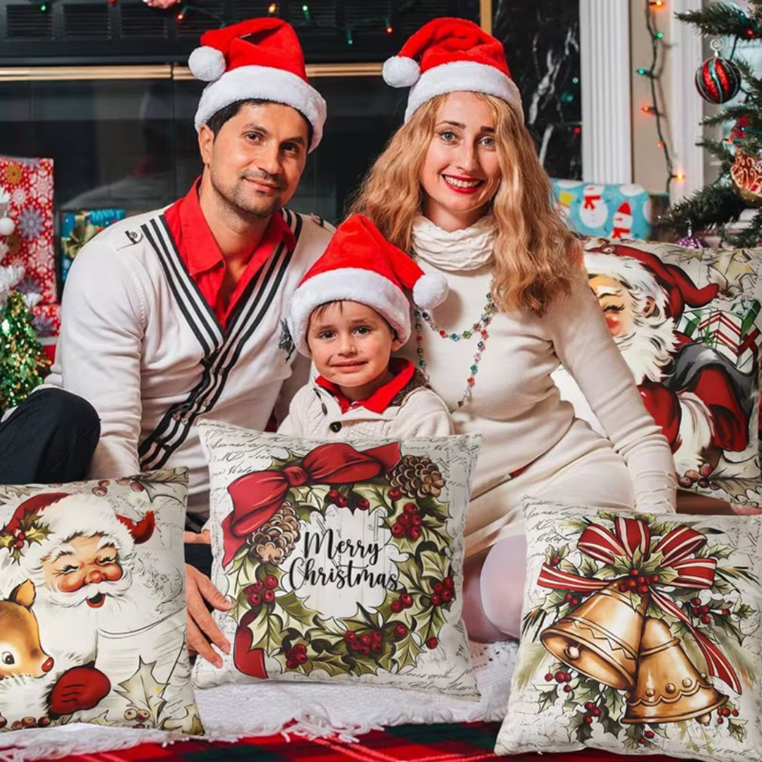Christmas Cushion Covers Set (4 Pieces) – Santa, Reindeer, Bells & Wreath Collection