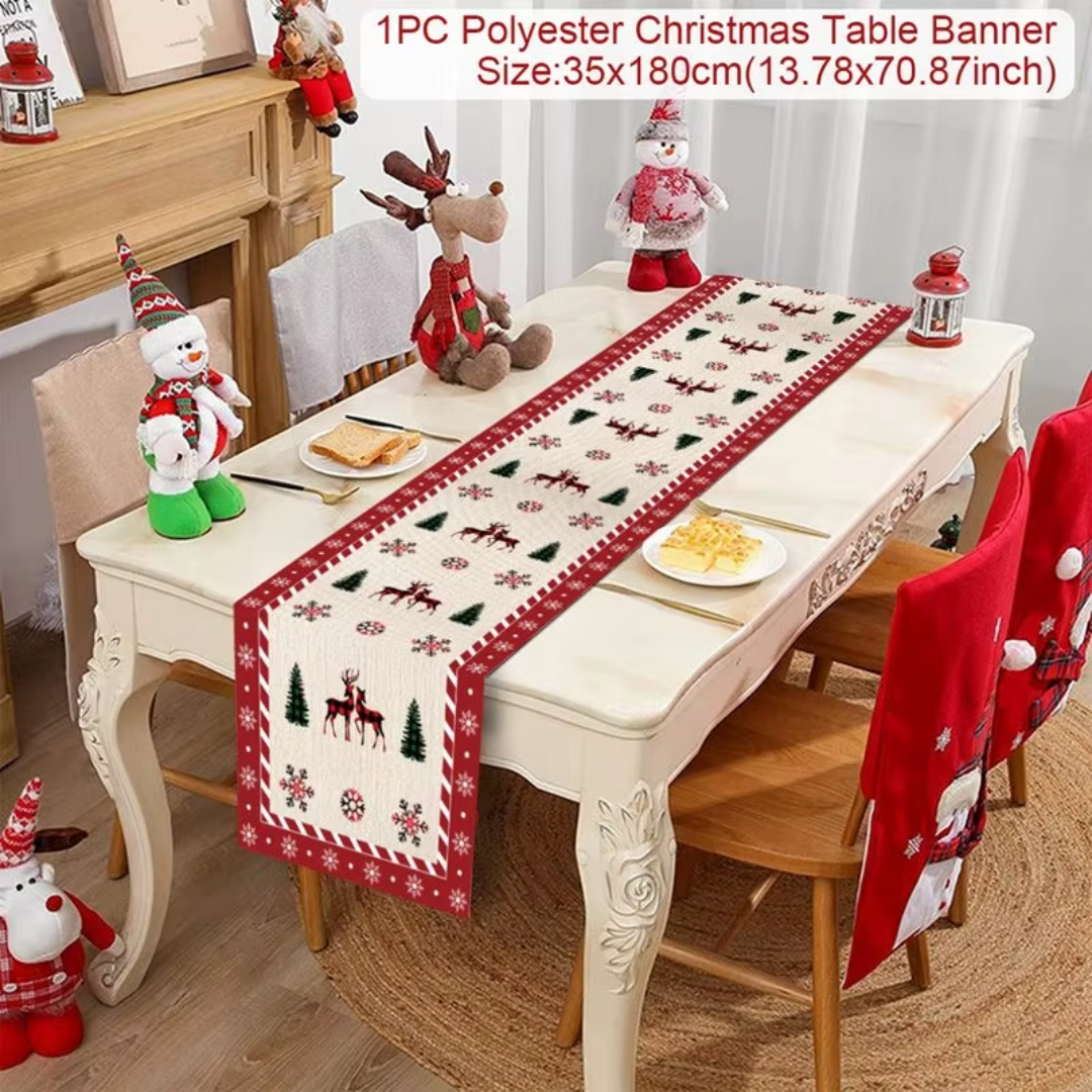 Christmas Table Runner – Red Poinsettia & Reindeer Holiday Designs (35×180 cm)