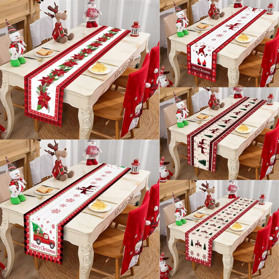 Christmas Table Runner – Red Poinsettia & Reindeer Holiday Designs (35×180 cm)