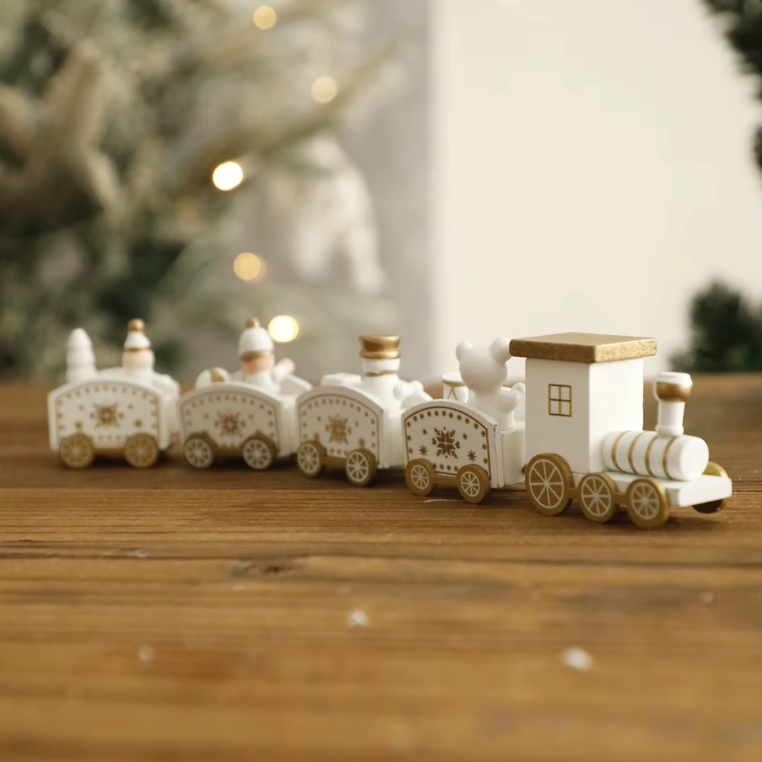 White Wooden Christmas Train – 4-Car Mini Decor
