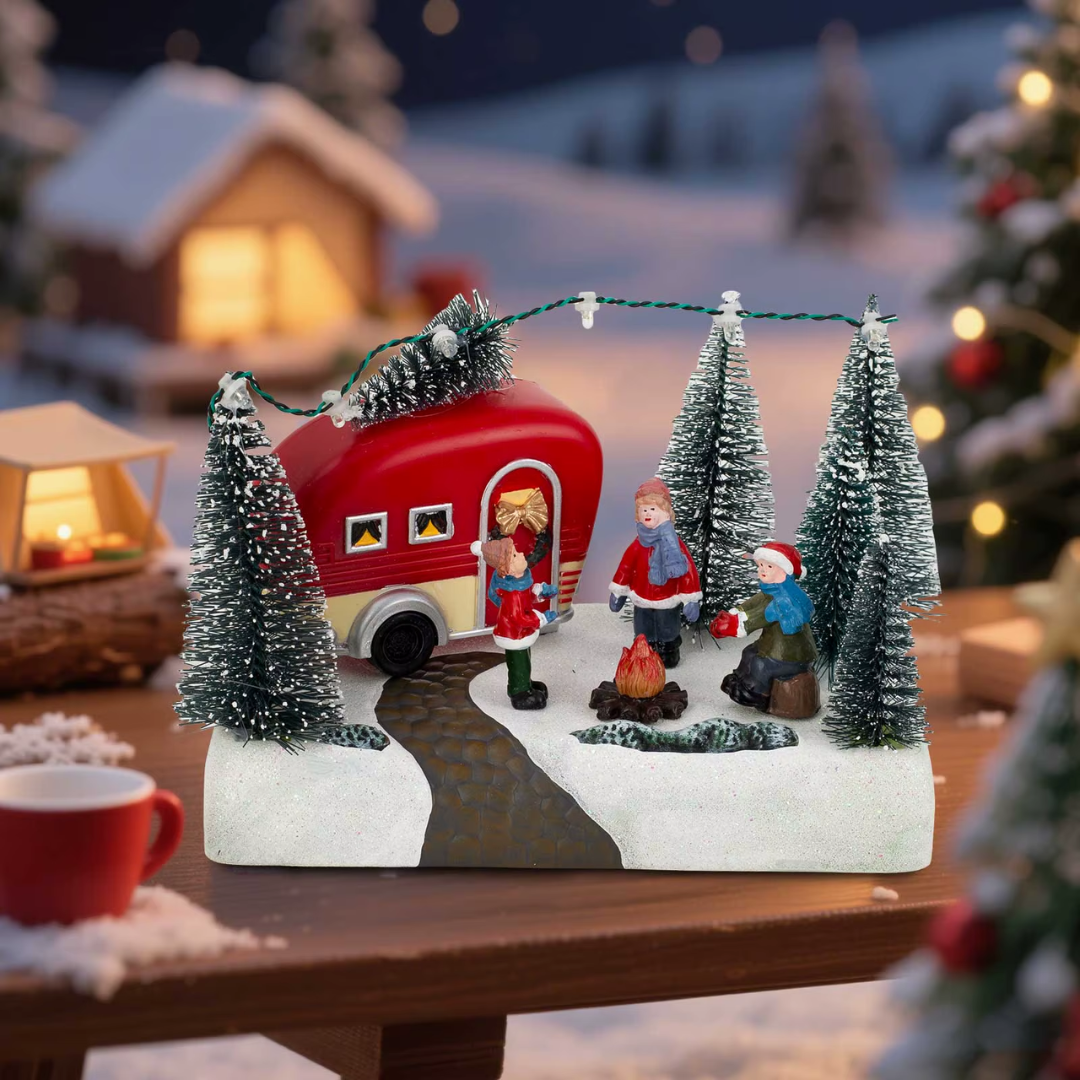 Christmas Camper Scene with LED Lights & Music – Holiday Caravan Village Décor