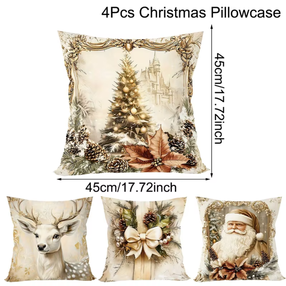 Vintage Christmas Cushion Covers Set (4 Pieces) – Golden Holiday Pillow Collection