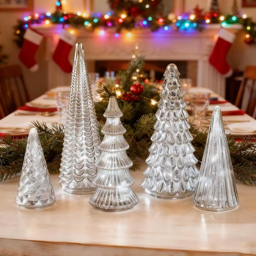 Set of 5 LED Mercury Glass Christmas Trees – Golden & Silver Holiday Deco