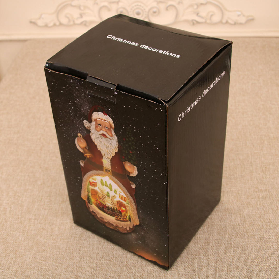 Christmas Cabin Music Box — LED Santa & Snowman Figurines (Rotating Train)