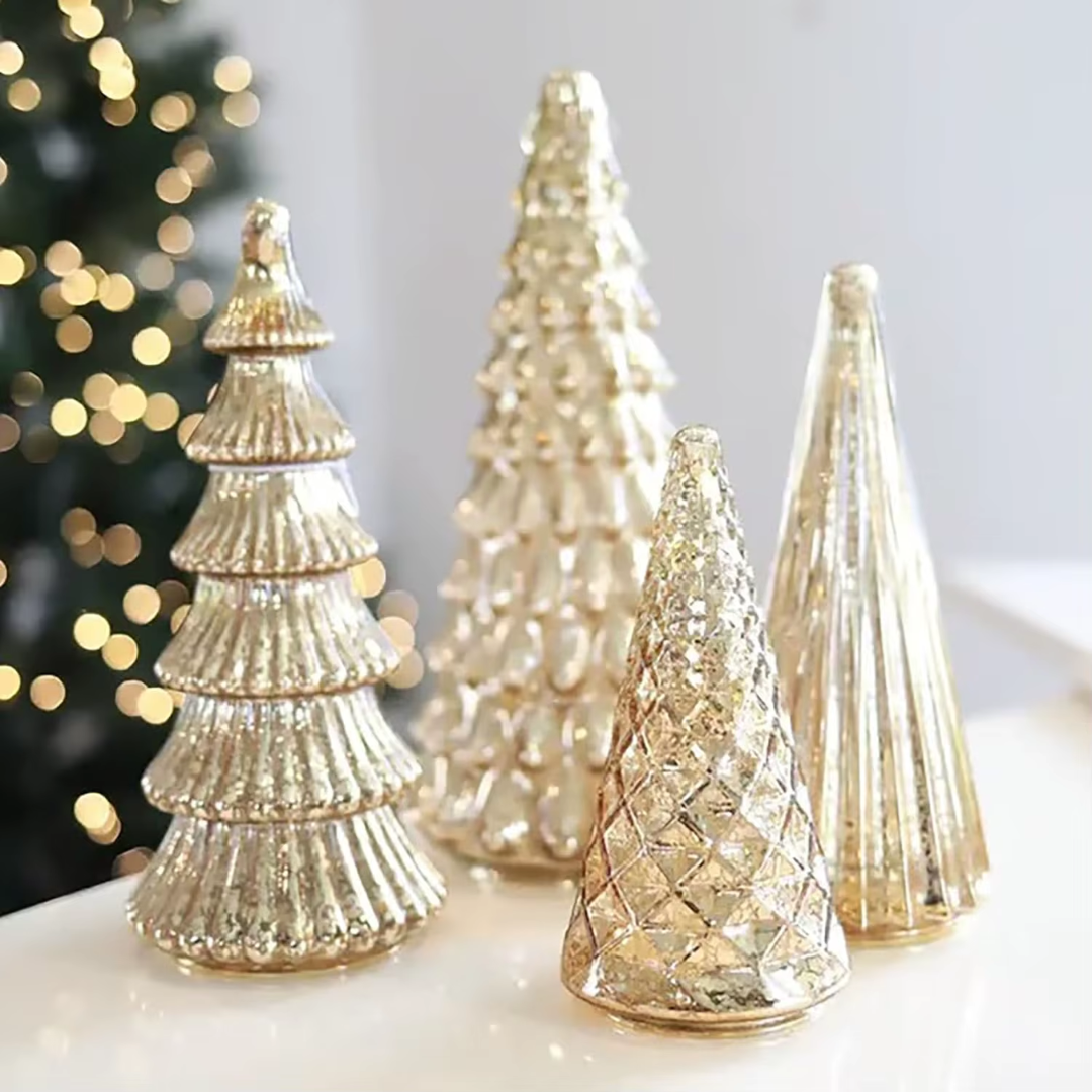 Set of 5 LED Mercury Glass Christmas Trees – Golden & Silver Holiday Deco