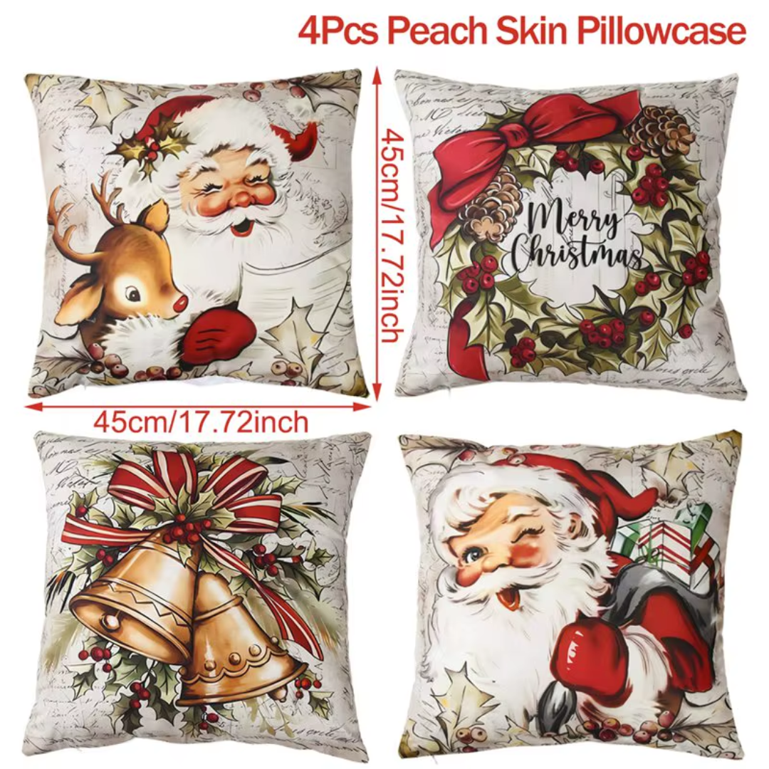 Christmas Cushion Covers Set (4 Pieces) – Santa, Reindeer, Bells & Wreath Collection