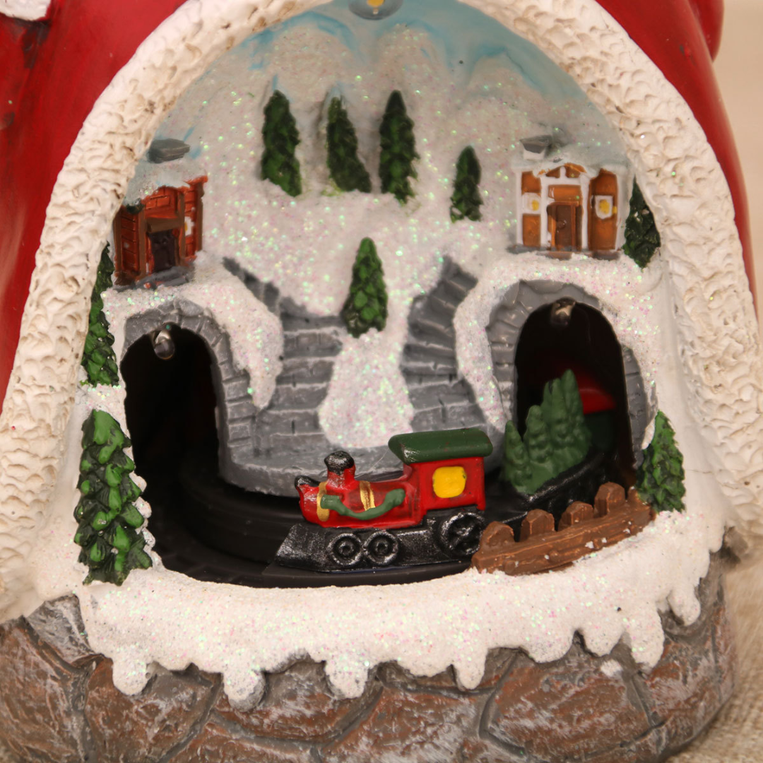 Christmas Cabin Music Box — LED Santa & Snowman Figurines (Rotating Train)