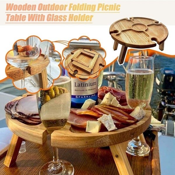 Wooden Outdoor Folding Picnic Table-With Glass Holder